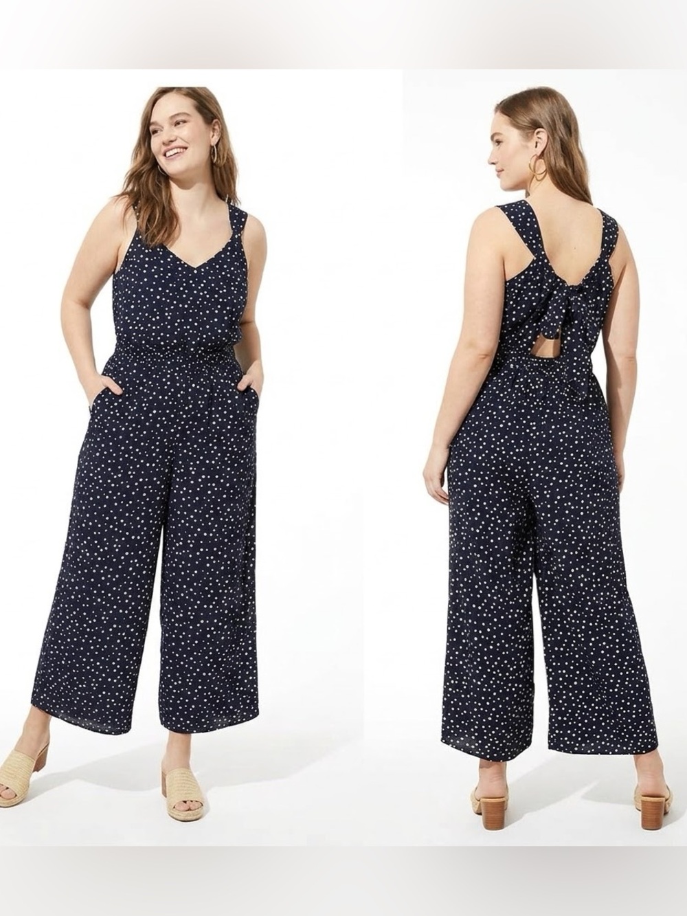 LOFT Dotted Strappy Crop Jumpsuit Navy with white dots size 12